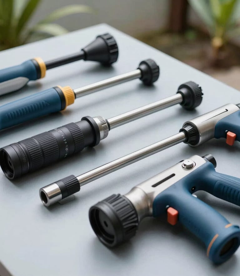 Close-up of professional cleaning tools and high-pressure nozzles laid out neatly on a clean surface, slate blue and medium steel blue accents, bright outdoor natural lighting, Southeast Asian / Indonesian residential setting.