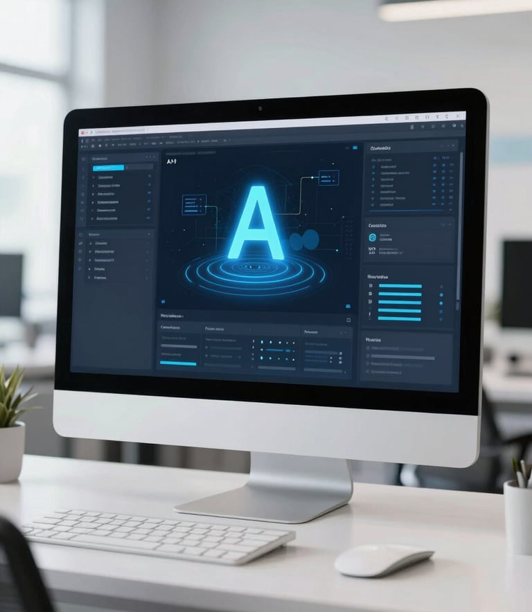A high-end, clean photograph of a minimalist computer monitor in a bright Central European office. The screen shows a sophisticated AI dashboard with glowing light blue elements. The background is a soft-focus modern workplace with hints of white and light blue.