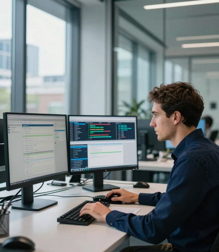A focused professional in a modern, glass-walled office in Frankfurt, working with high-end computer screens showing data streams. Soft natural light, clean lines, and a professional atmosphere reflecting technical excellence in a Central European setting. Accents of light blue and dark navy blue in the decor.