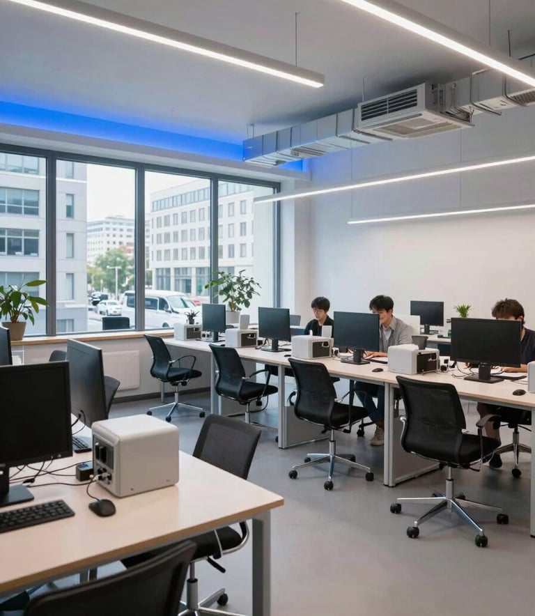 A professional wide-angle shot of a bright, modern co-working space in a Central European city. High-tech equipment and clean lines dominate. Natural daylight mixed with soft light blue artificial lighting creates an atmosphere of innovative efficiency.