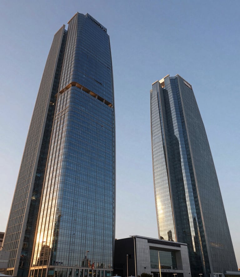 A wide-angle architectural photograph of the Ajman Free Zone C1 Building in the UAE. The modern facade features glass and steel, photographed during the golden hour to emphasize its sophisticated and authoritative presence in the region.