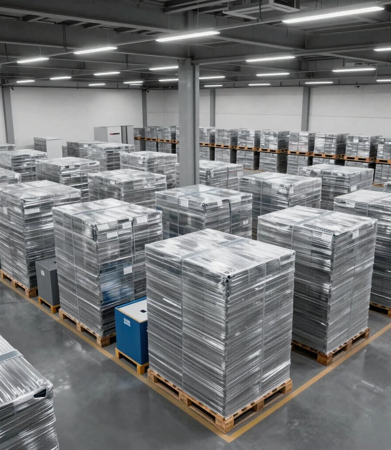 A wide-angle interior shot of a vast, modern logistics warehouse in the Middle Eastern / Gulf region. Neatly organized rows of high-stacked pallets are visible under bright LED lighting, emphasizing a clean and authoritative organizational style with silver and muted blue equipment.