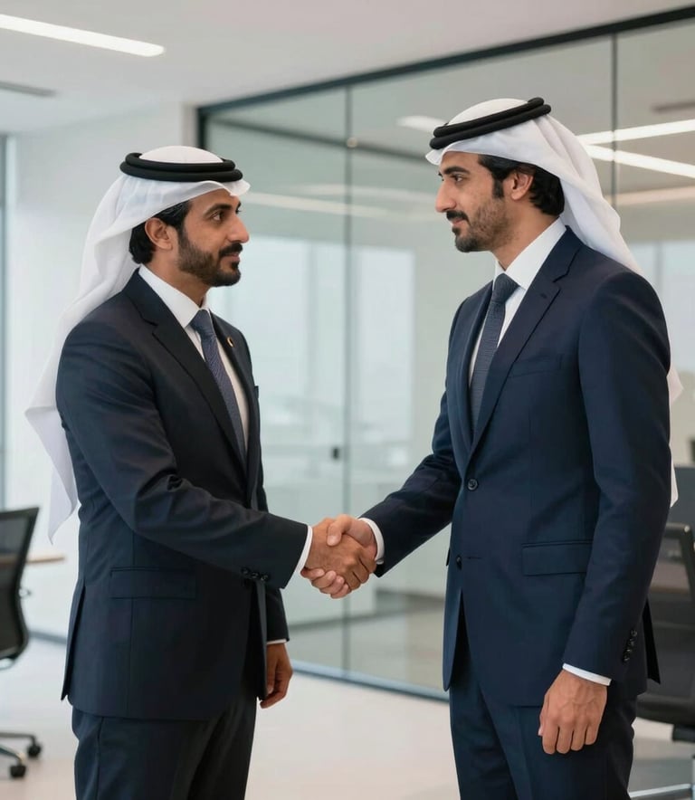 A medium shot of a professional handshake between business partners in a modern Middle Eastern / Gulf office. The setting is bright and sophisticated, featuring clean lines, glass partitions, and a color palette of navy and silver. High-end professional attire and a focus on integrity and trust.