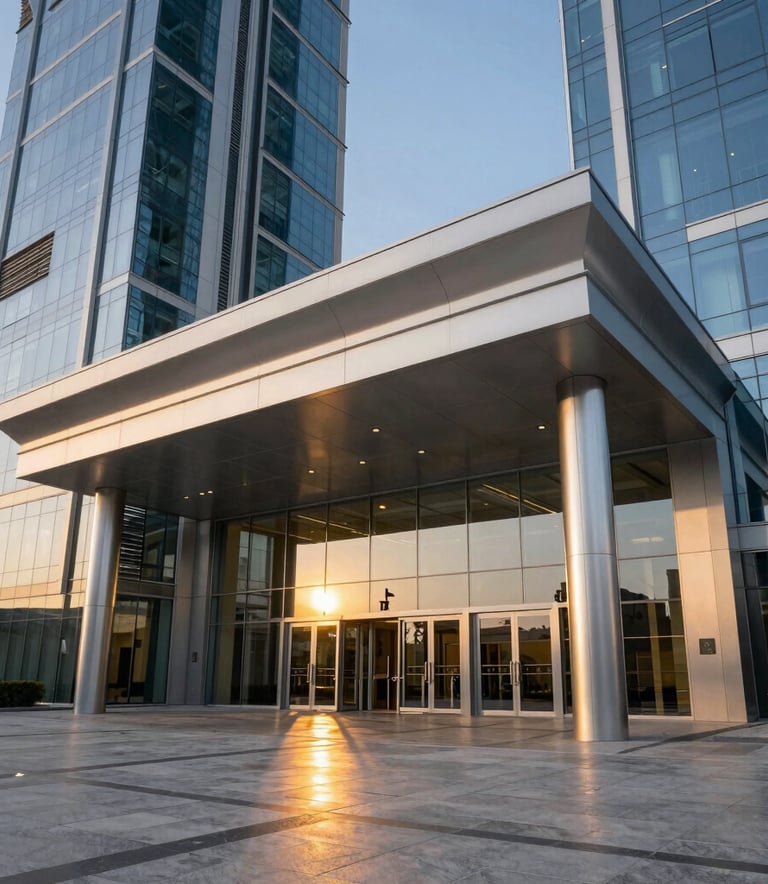 A sophisticated architectural photograph of the Ajman Free Zone C1 Building entrance. The structure features clean glass lines and modern silver steel beams. The lighting is golden hour, reflecting a warm glow on the polished stone pavement in a Middle Eastern / Gulf setting.