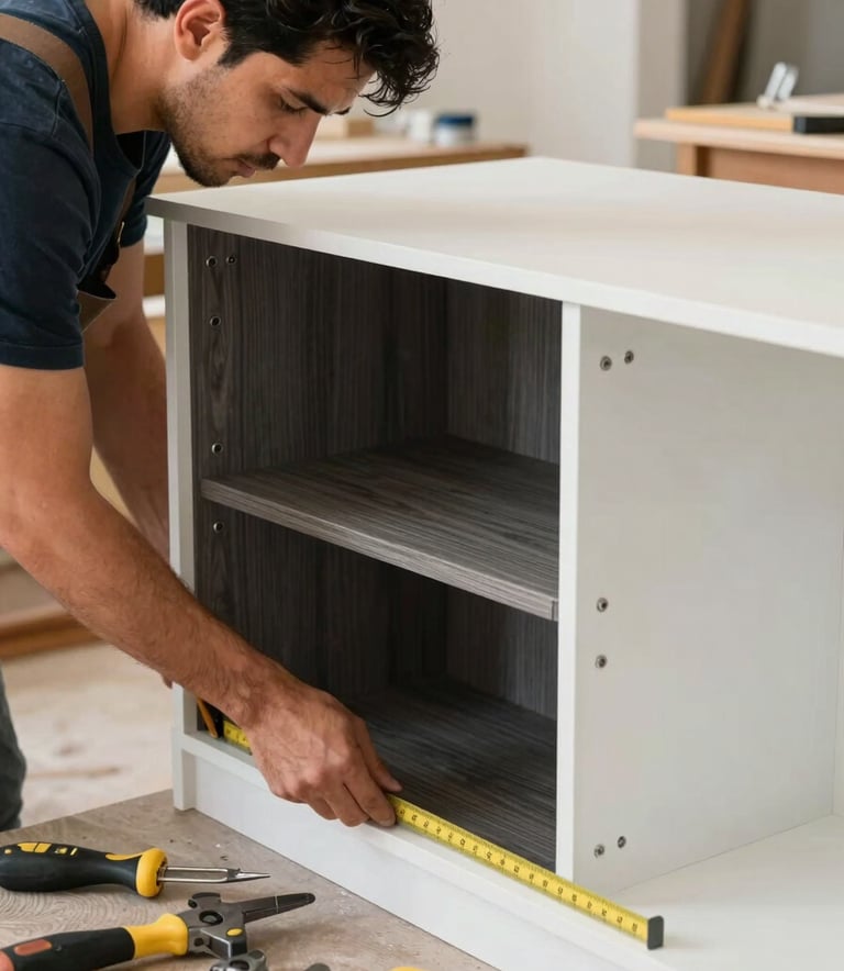 A skilled carpenter measuring custom wood cabinets in a brightly lit North American / Hispanic home. The scene features charcoal and snow white design elements, professional tools on a workbench, and a focus on the fine details of the wood grain.
