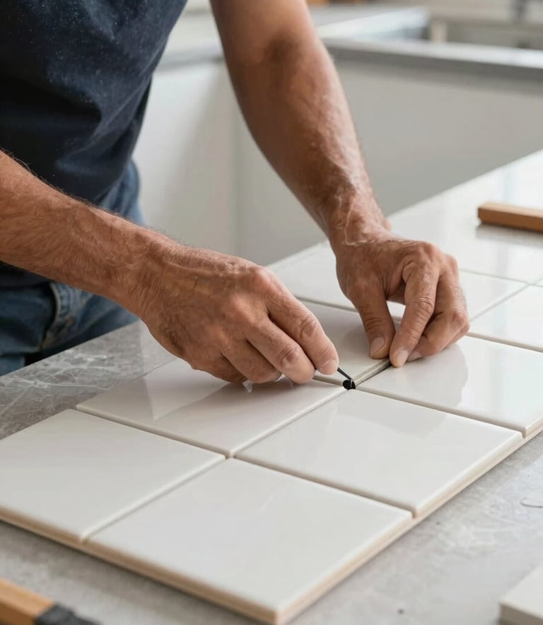 Close-up photography of a skilled craftsman in a North American home carefully installing high-quality ceramic tiles in a modern kitchen, focusing on precision and detail, clean work area.