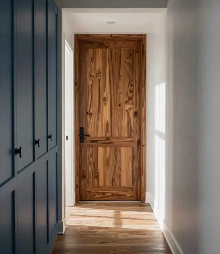 Interior shot of a beautifully remodeled hallway with custom woodwork and refined finishes in a North American / Hispanic home, warm morning light, Steel Blue and Light Gray accents.