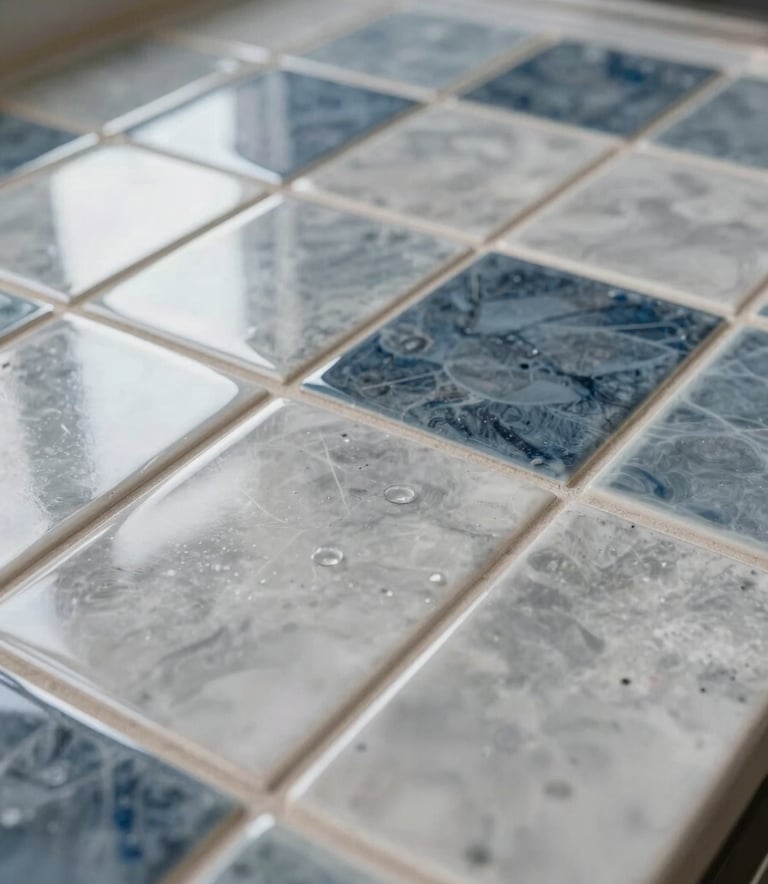 A close-up photograph of a professional tile installation in a modern North American / Hispanic kitchen. The image shows precise grout lines and high-quality ceramic tiles in silver and slate blue tones. Natural soft lighting highlights the texture and refined craftsmanship.