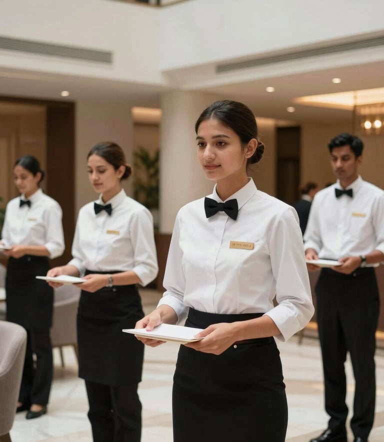 Professional hospitality staff in clean uniforms working in a contemporary Belgrade hotel lobby, Eastern European / Balkan, with South Asian / Southeast Asian focus, bright and airy composition.