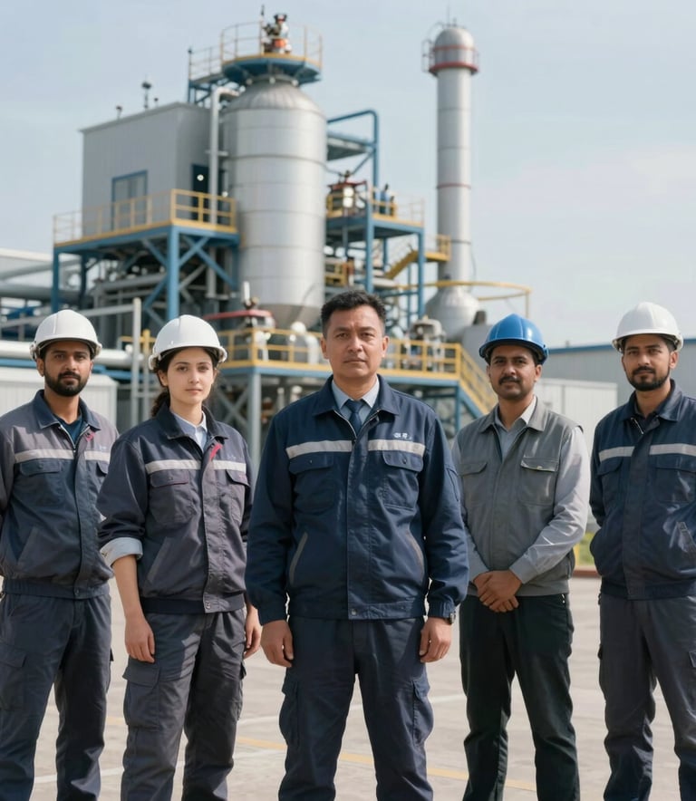 A group of technical workers in professional attire standing in front of a modern Serbian industrial plant, Eastern European / Balkan, with South Asian / Southeast Asian focus, bright midday lighting.