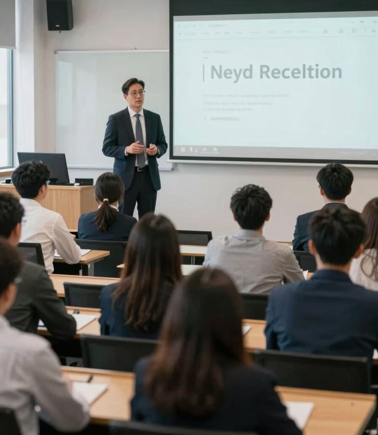 A group of professional students in a seminar hall, engaged in a discussion with an industry expert, sophisticated corporate setting, soft daylight, reflecting the brand mood of empowerment and academic excellence.