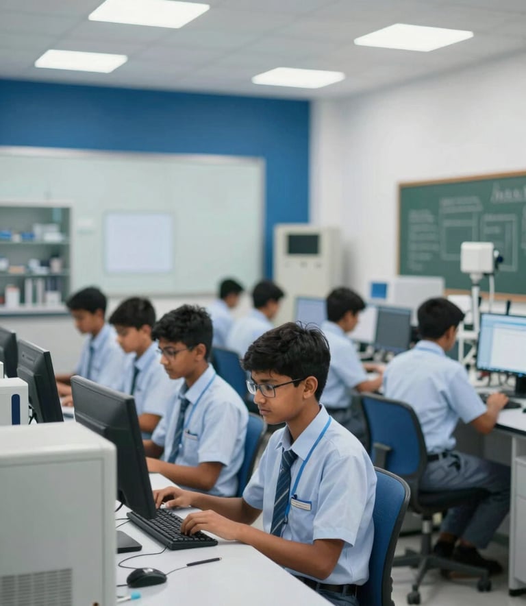 A high-tech educational laboratory in Sri Lanka, featuring students in professional attire working with industry-standard equipment. The lighting is bright and professional, with a clean architectural feel incorporating the colors #0A2B2E and #E0D7C4 in the interior accents.