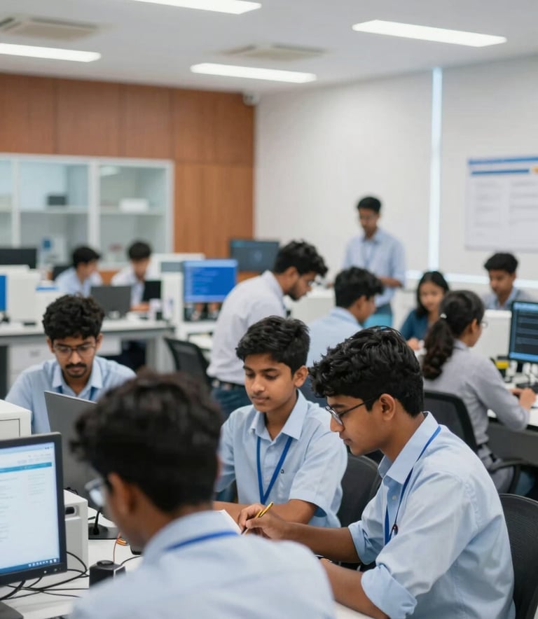 A bright, modern technology laboratory within a Sri Lankan institution, students from diverse backgrounds collaborating on a project, professional lighting, clean lines, featuring accents of #B48C5B and #0A2B2E in the decor.
