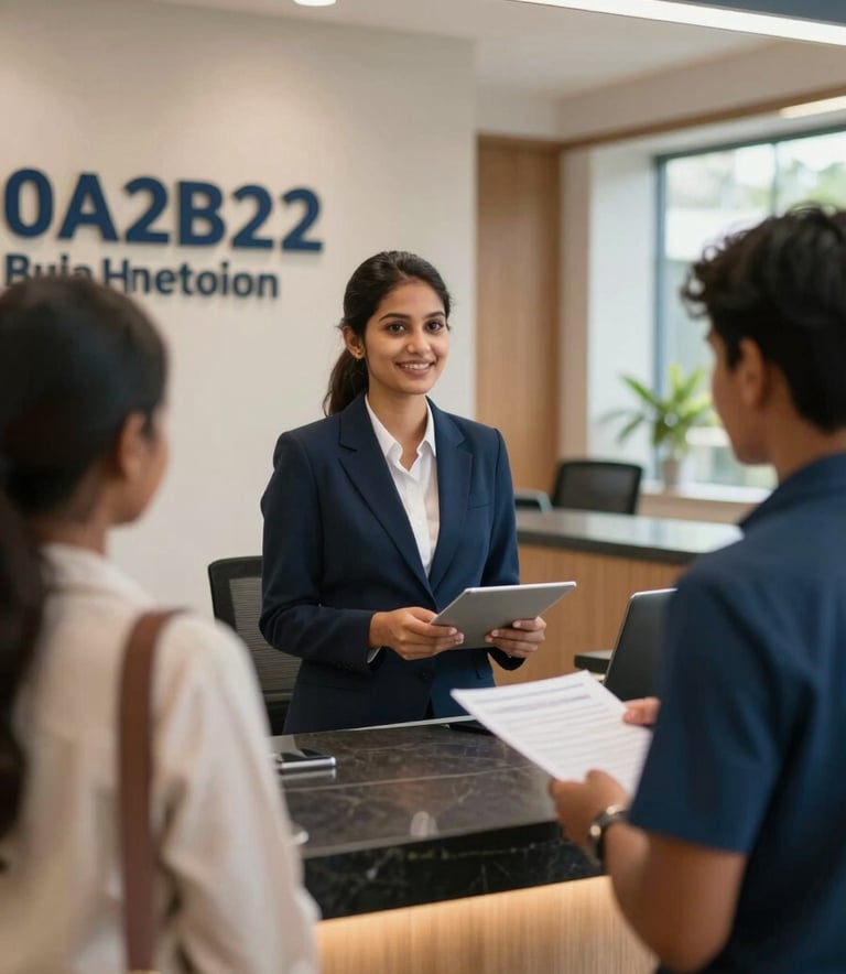 A sophisticated campus reception area in Sri Lanka, showing a professional admissions officer greeting a student. The environment is modern and inclusive, with polished surfaces and natural light, utilizing the brand palette of #0A2B2E and #B48C5B.