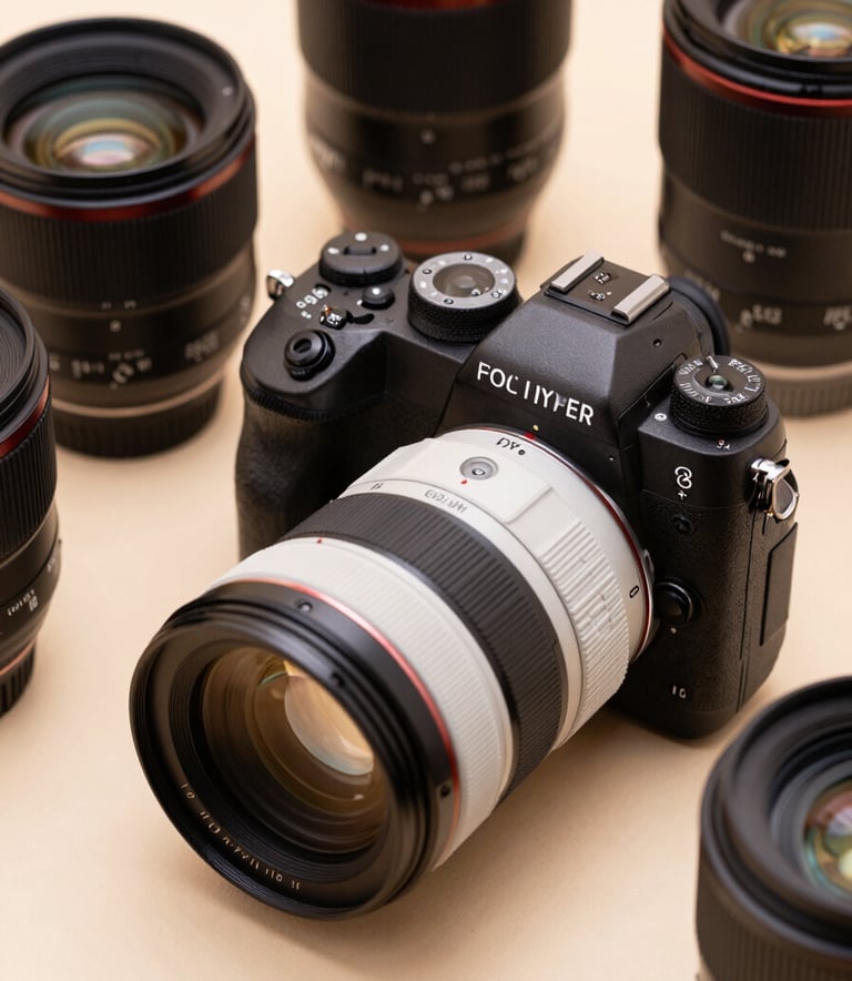Close-up of a high-end professional camera and various prime lenses sitting on a clean, soft beige surface. The lighting is sophisticated and minimal, highlighting the precision of the equipment. Colors include dark charcoal and pearl white.