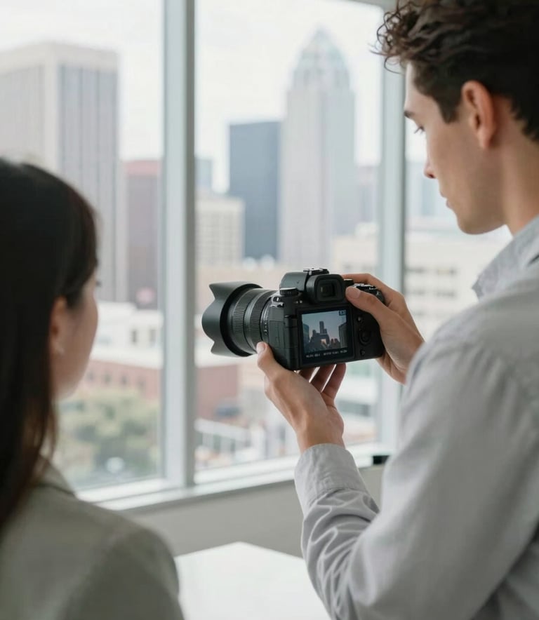 A professional photographer interacting with a corporate client in a bright, modern Dallas office with floor-to-ceiling windows showing the city skyline. The photographer is showing an image on a high-end camera screen. The scene is lit with soft natural light, featuring tones of pearl white and sage grey.