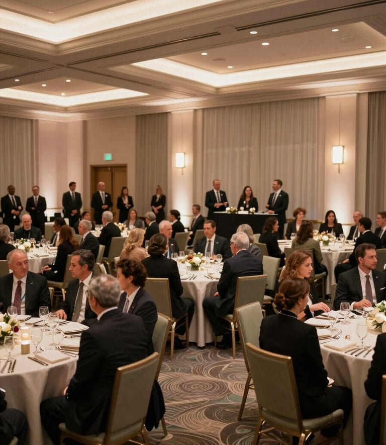 A professional wide-angle shot of a corporate gala event in a Dallas ballroom. The room is decorated in soft tan and muted sage tones, with guests dressed in professional attire. Soft, warm lighting creates a sophisticated atmosphere.