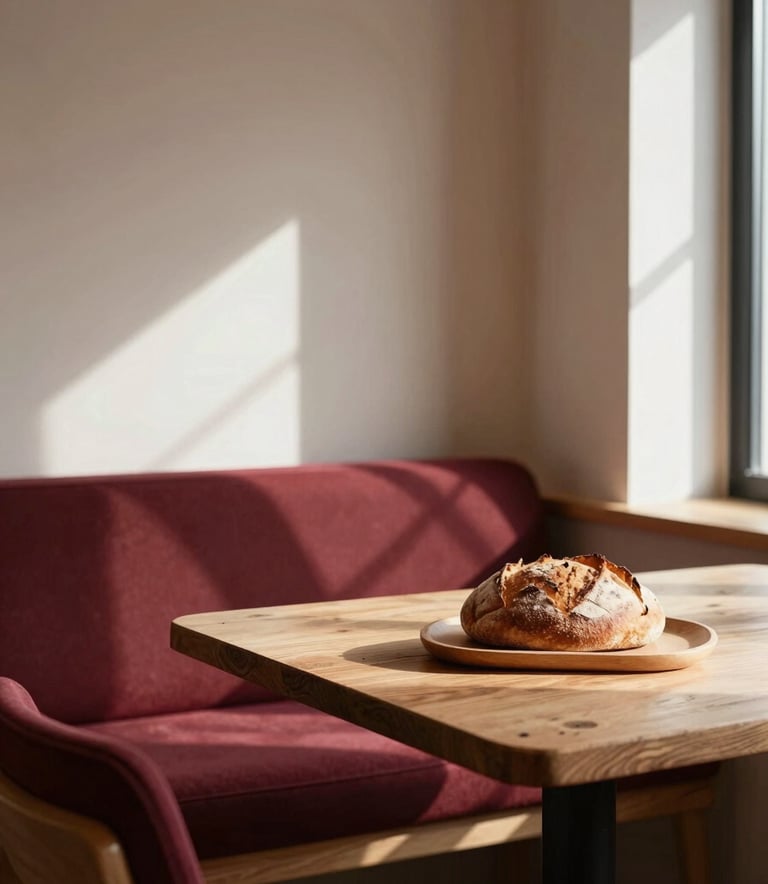 A cozy, Scandinavian-style restaurant interior with warm minimalist wood furniture, deep ripe crimson accents in the upholstery, and soft morning sunlight hitting a rustic table set with artisanal bread.