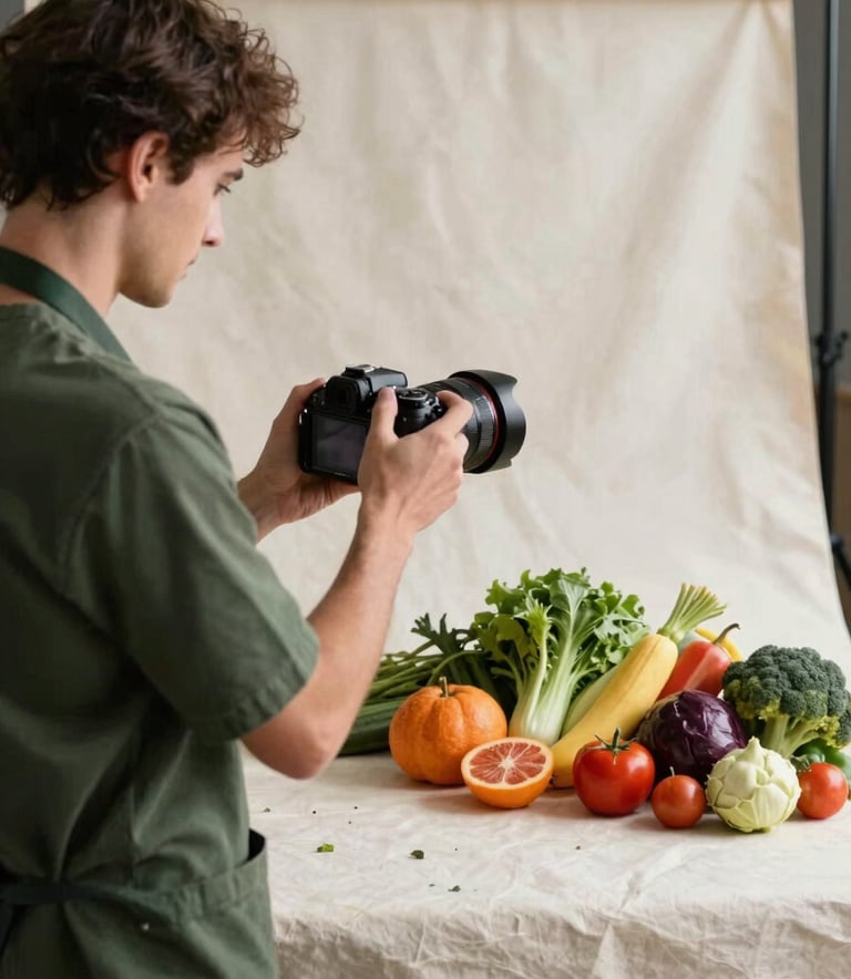 A behind-the-scenes photography session in a professional studio. A creator in a matte forest green apron is adjusting a camera over a flat lay of fresh produce on a crisp parchment linen backdrop.