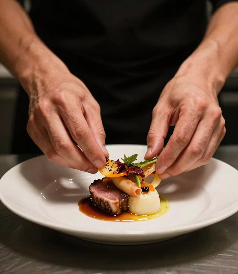 A close-up shot of hands carefully plating a gourmet dish in a professional kitchen, lit with warm, moody lighting.