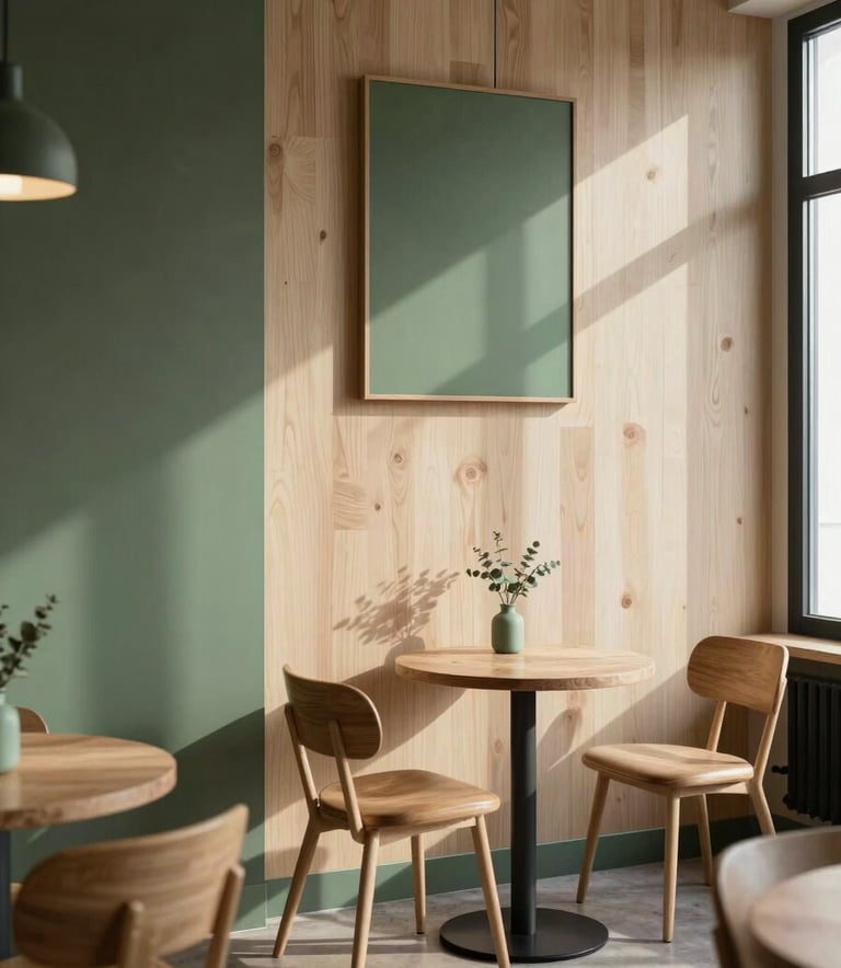 A Scandinavian-style minimalist cafe interior with light wood textures and soft sunlight, featuring Matte Forest Green accents in the decor.