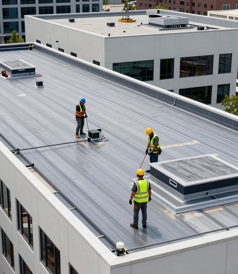 A high-angle shot showing roofing professionals in safety gear working on a large, flat commercial roof of a modern office building in a North American / US city. The scene uses Steel Blue and Off-White tones, emphasizing a clean, organized, and professional construction environment.