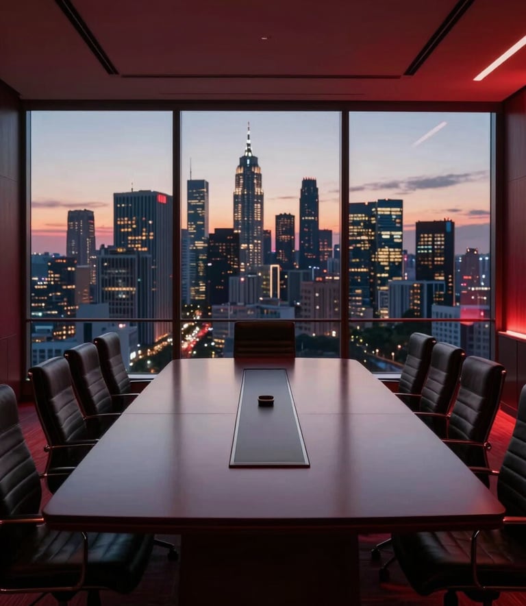 A wide-angle, cinematic photograph of a high-end executive boardroom overlooking a modern cityscape at dusk. The lighting is sophisticated with deep dark red hues, capturing a sense of global vision and authority.
