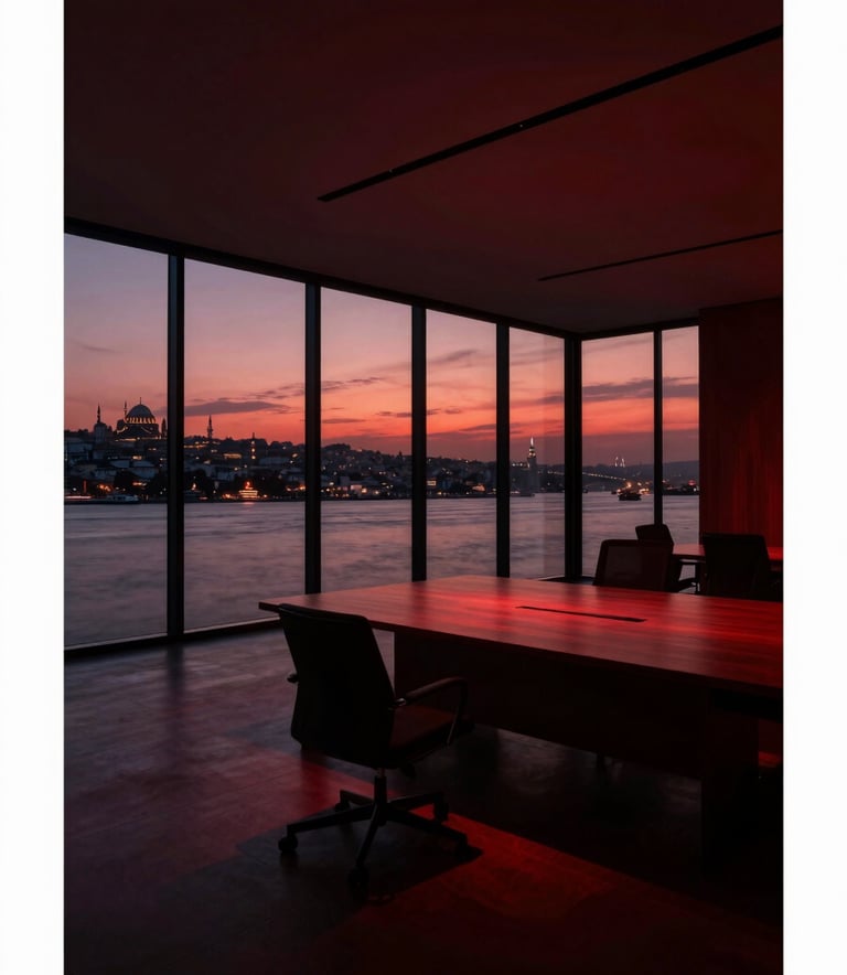 A wide-angle, cinematic interior shot of a minimalist, high-end office overlooking the Istanbul Bosphorus at dusk, lighting in deep dark red and black tones.