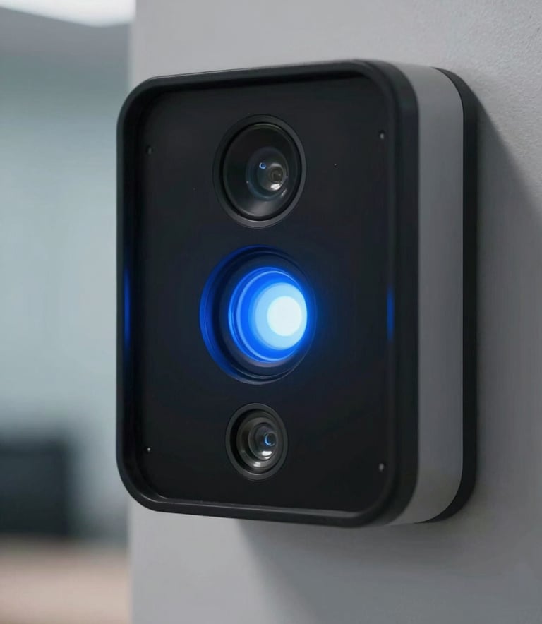 Macro shot of a high-tech biometric security sensor glowing with soft blue light in a secure corporate office in North American / International Business.