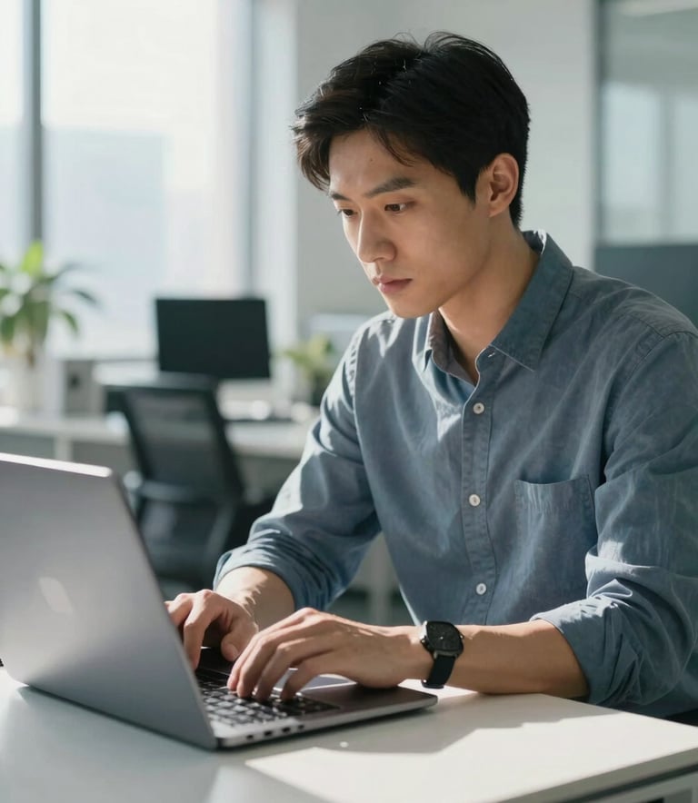 A professional working in a sunlit, clean tech office in North American / International Business, using a laptop with soft blue and white colors in the background.