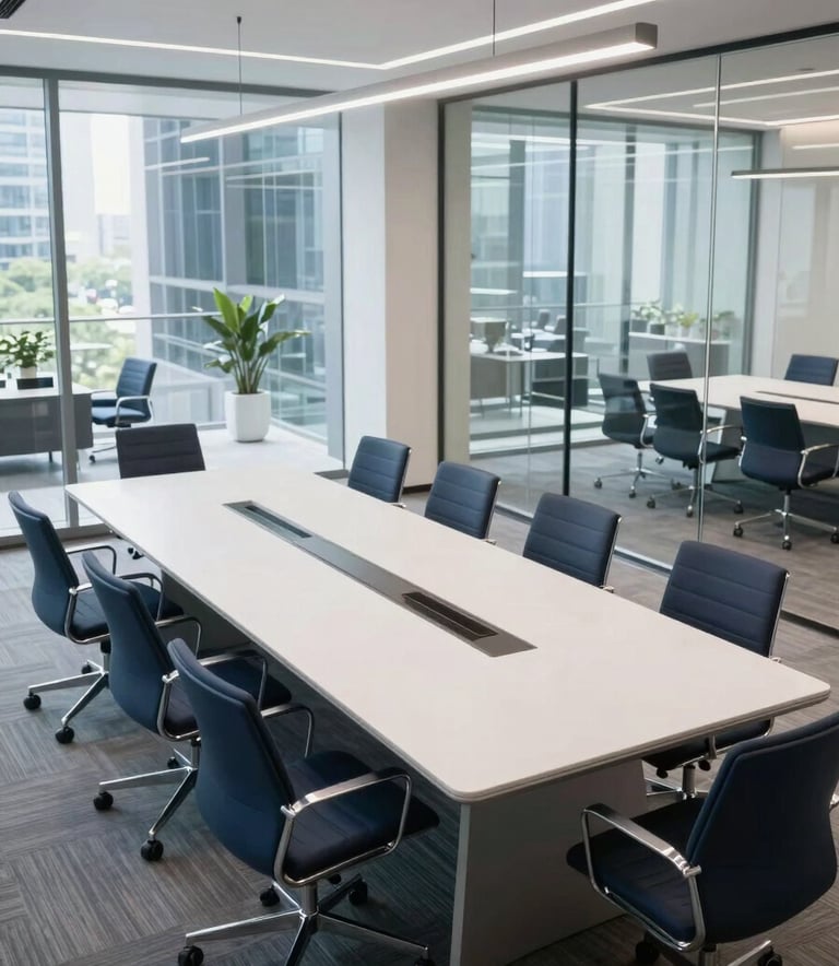 A high-angle photograph of a modern, professional corporate boardroom in a North American business center, featuring clean lines, glass walls, and a palette of soft whites and deep blues under bright, natural lighting.