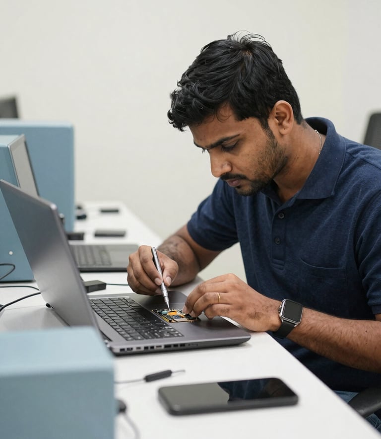 A high-tech technical service bench in a South Asian / Indian office. A specialist technician is carefully repairing a laptop using precision tools. The environment is bright and modern with soft blue grey equipment and clean off-white walls, conveying efficiency and professionalism.