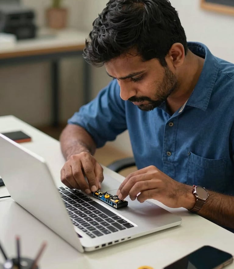 A technician in a South Asian / Indian workshop repairing a high-end laptop, soft lighting, slate blue and off-white color palette, professional and efficient atmosphere.