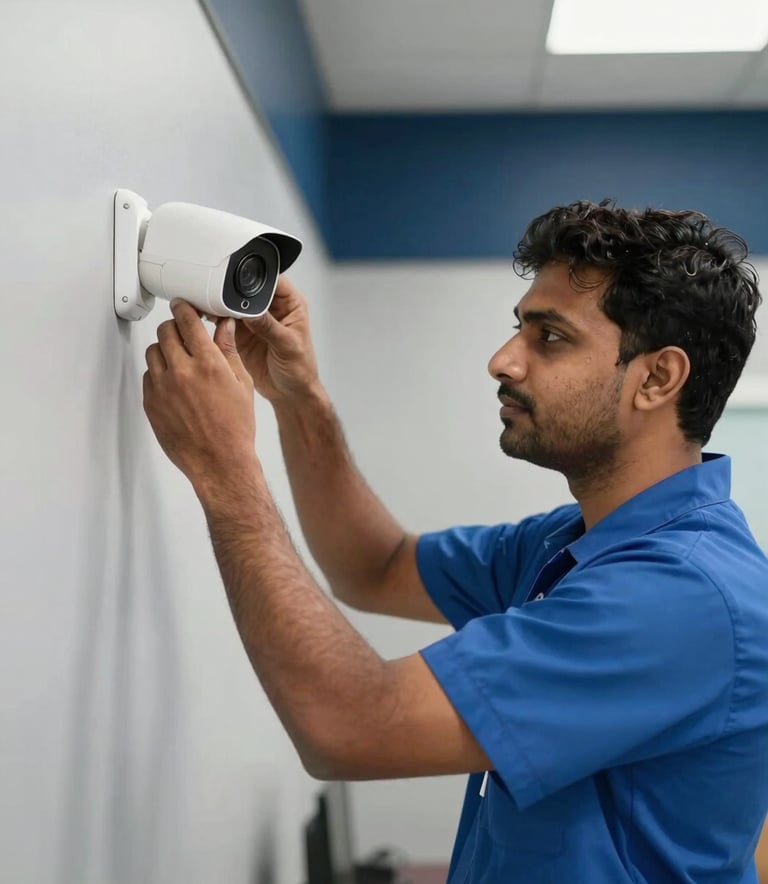 A professional South Asian / Indian technician in a clean slate blue uniform installing a modern white CCTV camera on a wall. The scene is well-lit with soft natural light in a contemporary business setting with deep navy blue accents.