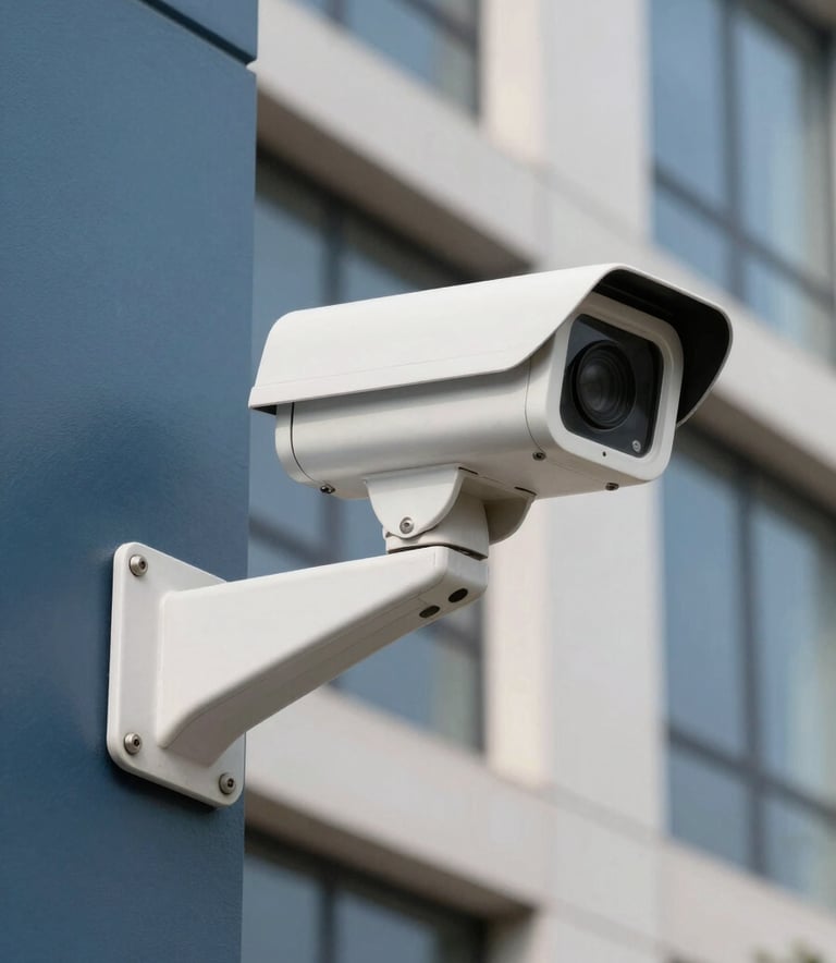 A close-up of a modern white CCTV camera mounted on a contemporary building in a South Asian / Indian urban area, sharp focus, slate blue and off-white color palette, professional photography.