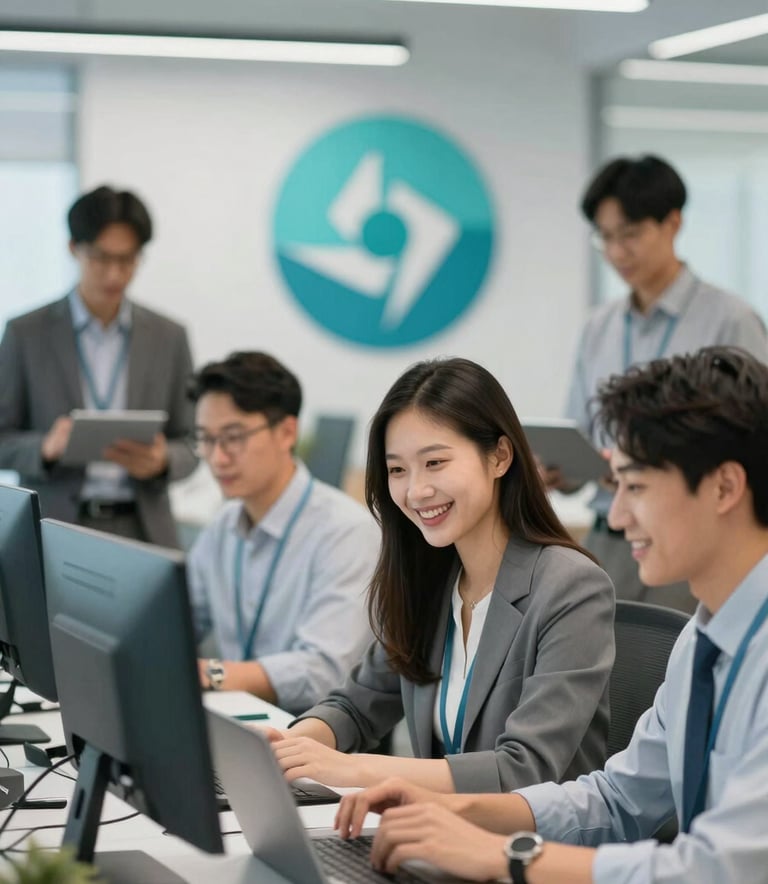 Smart Sphere's modern office with a diverse group of professional Asian staff members smiling and collaborating at workstations, managing client messages efficiently, bright lighting with #4E6D8F and #1D2B40 branding.