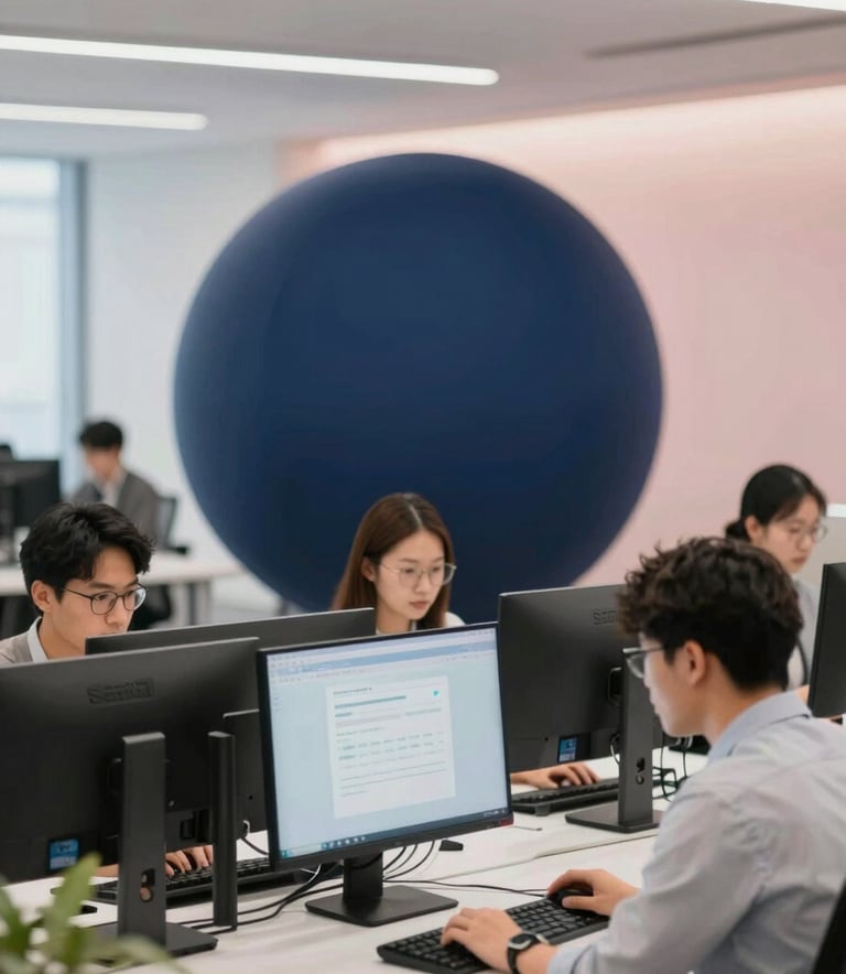 A modern, bright Smart Sphere office where a professional team of Asian men and women are working efficiently at desks with dual monitors. The atmosphere is calm and focused. The office interior features clean lines and professional decor with subtle navy blue (#1D2B40) and soft pink (#C4A5A8) lighting accents.