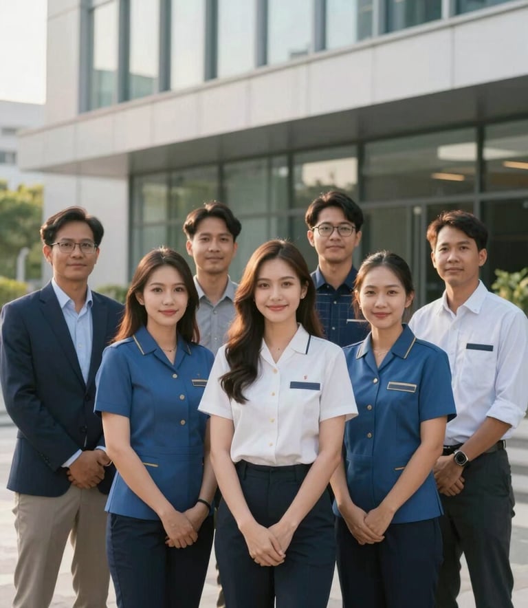 A professional group portrait of a friendly Thai solar consultant team standing in front of a modern office building. They are wearing smart-casual uniforms with steel blue accents. The atmosphere is trustworthy and approachable. Soft morning sunlight creates a professional and warm mood.