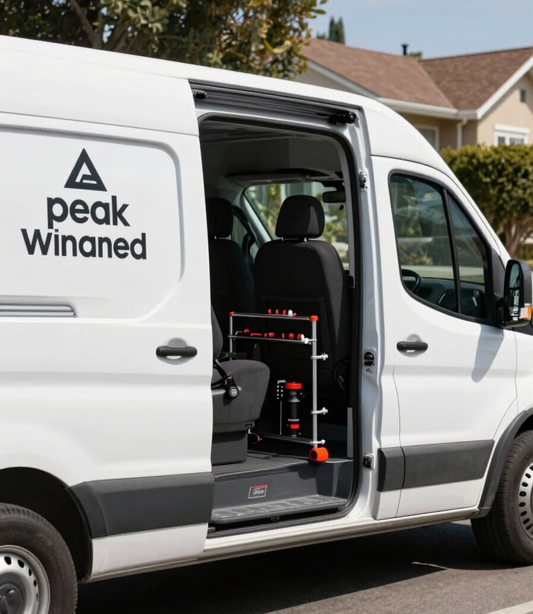 A clean, modern white mobile service van with professional Peak Windshield branding parked on a quiet, sun-drenched North American residential street, showing high-performance tools neatly organized inside the open side door.