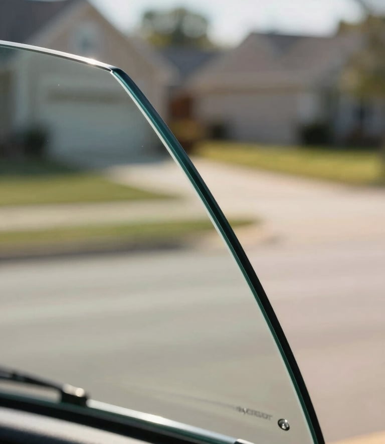 A macro photography shot focusing on the crisp, clean edge of a high-quality OEM windshield glass, showcasing its thickness and clarity against a soft-focus background of a North American suburban driveway in the bright morning light.