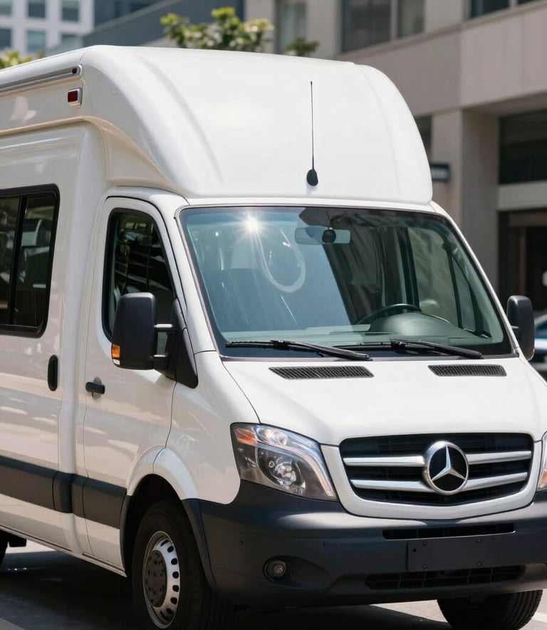 A high-resolution photo of a white and deep navy mobile service vehicle parked in a high-end North American commercial district. Sunlight glints off the windshields, suggesting high-performance quality and safety. Professional and clean composition.