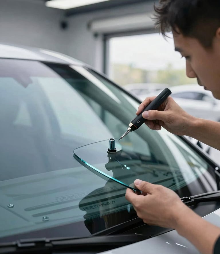 Photography of a premium windshield repair kit being used on a luxury vehicle in a bright, modern North American garage. The lighting is crisp, emphasizing precision and the clarity of the sky blue glass. Professional atmosphere.