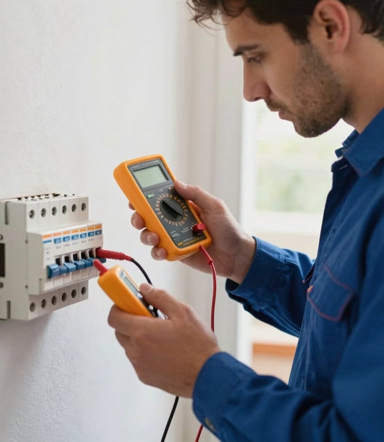 A professional electrician in a deep blue uniform using a digital multimeter to test a circuit breaker in a residential setting in Portugal. The shot is a medium close-up with sharp focus on the device, featuring soft natural light and a clean, organized background.