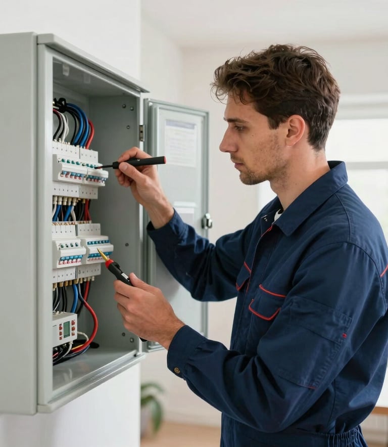 A focused professional electrician in a clean navy blue uniform inspecting a modern electrical panel in a bright European residential setting, natural lighting, sharp focus on tools and wiring.