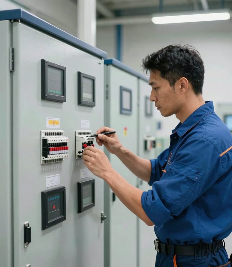 A professional electrician inspecting a large industrial control cabinet. The composition is clean and focused, showcasing technical expertise and precision. The setting is a modern facility in Portugal with bright, even lighting.