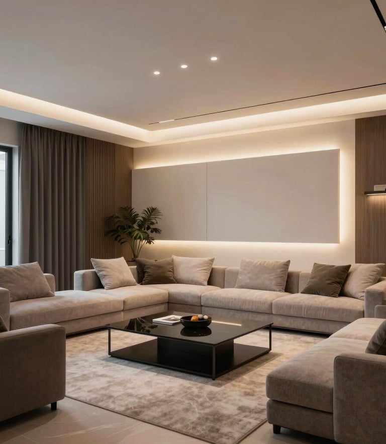 Wide shot of a modern living room in Portugal with elegant architectural lighting highlights, showcasing professional electrical design.