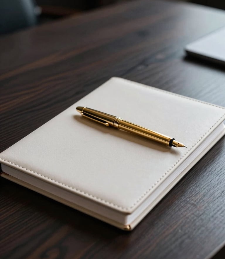 A close-up, high-detail photograph of a premium executive boardroom table made of dark charcoal wood. A metallic gold fountain pen rests on a soft off-white leather-bound journal. The lighting is dramatic and focused, highlighting a professional and elite business environment.