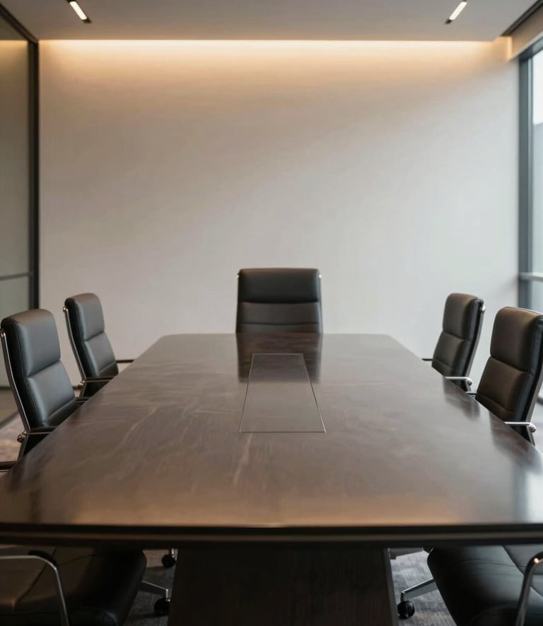 A premium executive boardroom with a polished deep charcoal table, minimalist leather chairs, and soft gold ambient lighting reflecting on glass surfaces. High-end professional setting.
