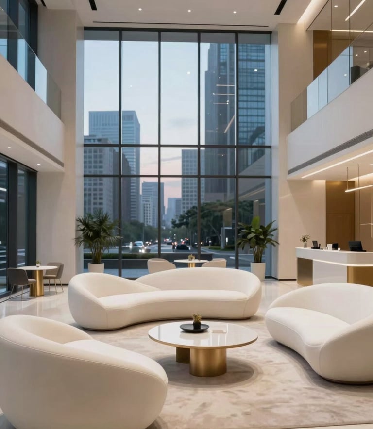 A wide-angle, cinematic photograph of a minimalist high-end corporate lobby. The space features soft off-white sculptural furniture and subtle metallic gold accents in the architecture. Large glass windows reveal a blurred urban skyline at dusk, creating a sophisticated and professional atmosphere.