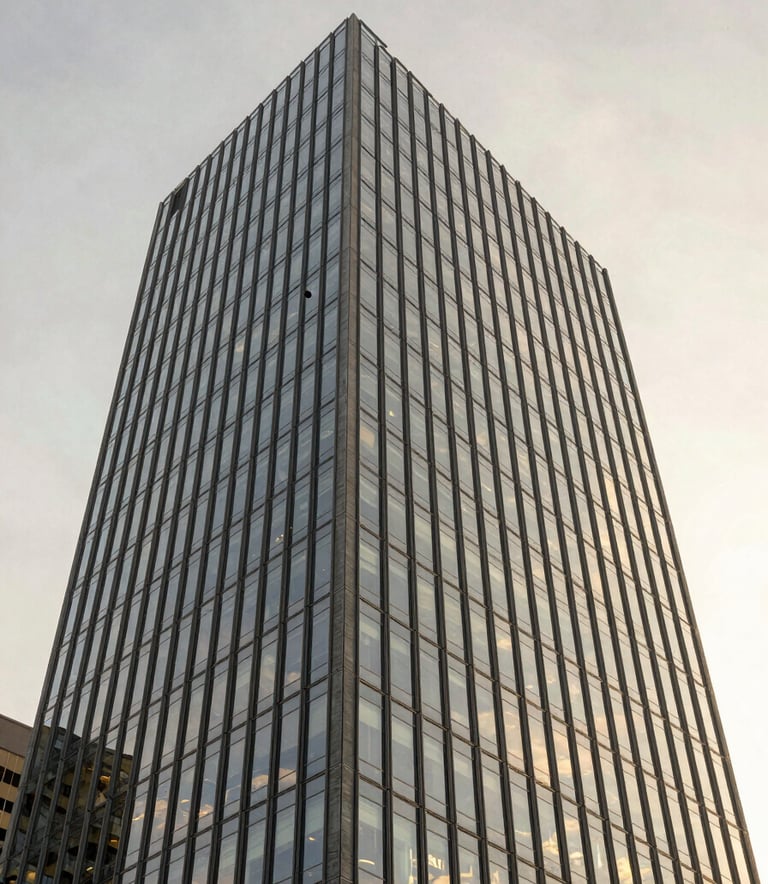 A wide-angle exterior shot of a modern glass skyscraper during the golden hour. The soft off-white sky reflects on the slate grey window panes. Professional and clean aesthetic.
